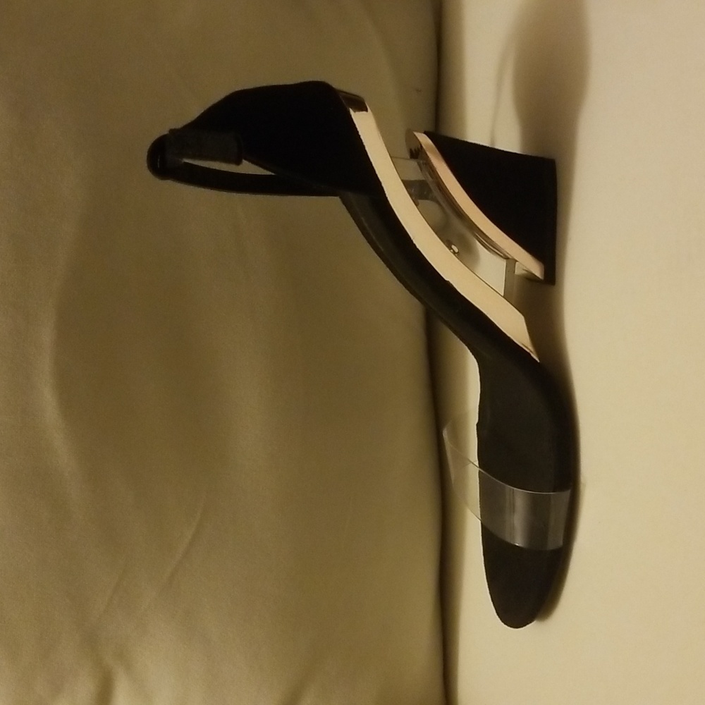 Fashion Nova Black Wedge Sandals with Clear Strap and Metallic Accent